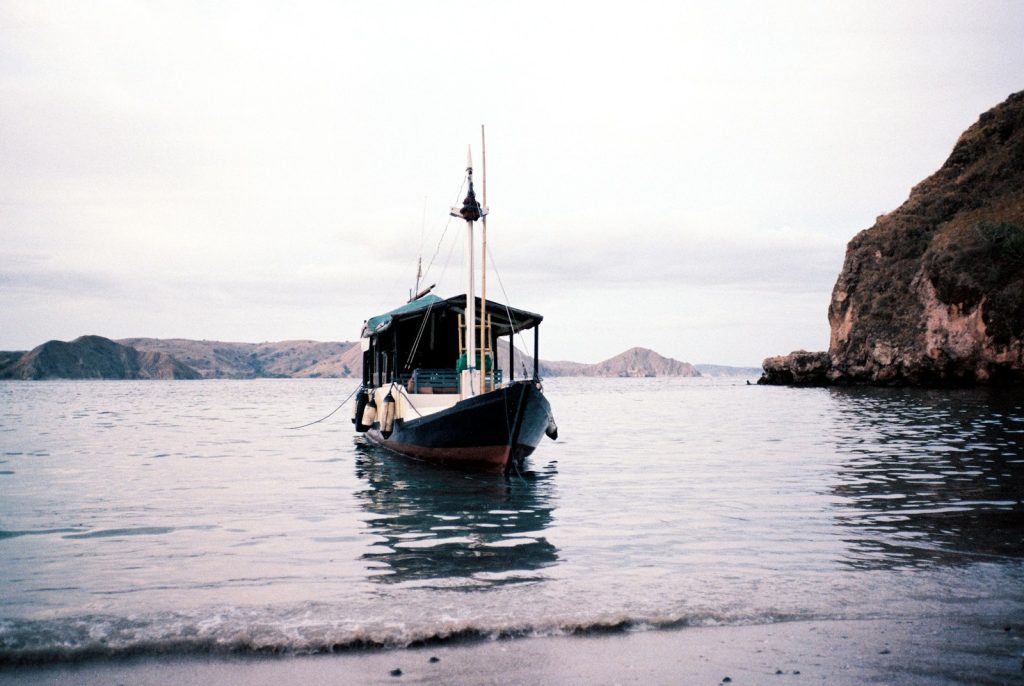 brown boat on sea