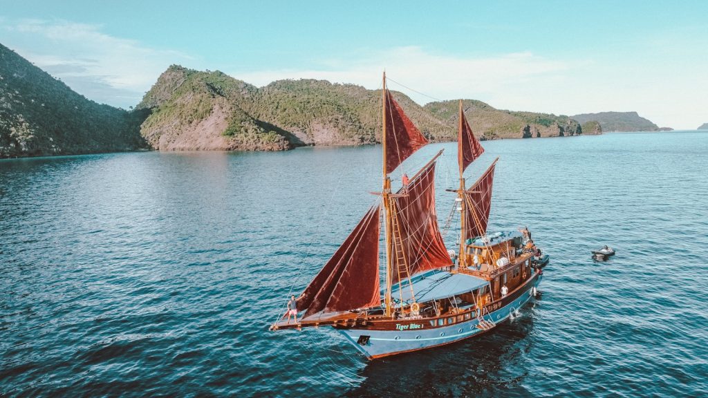 a sailboat in the middle of a body of water