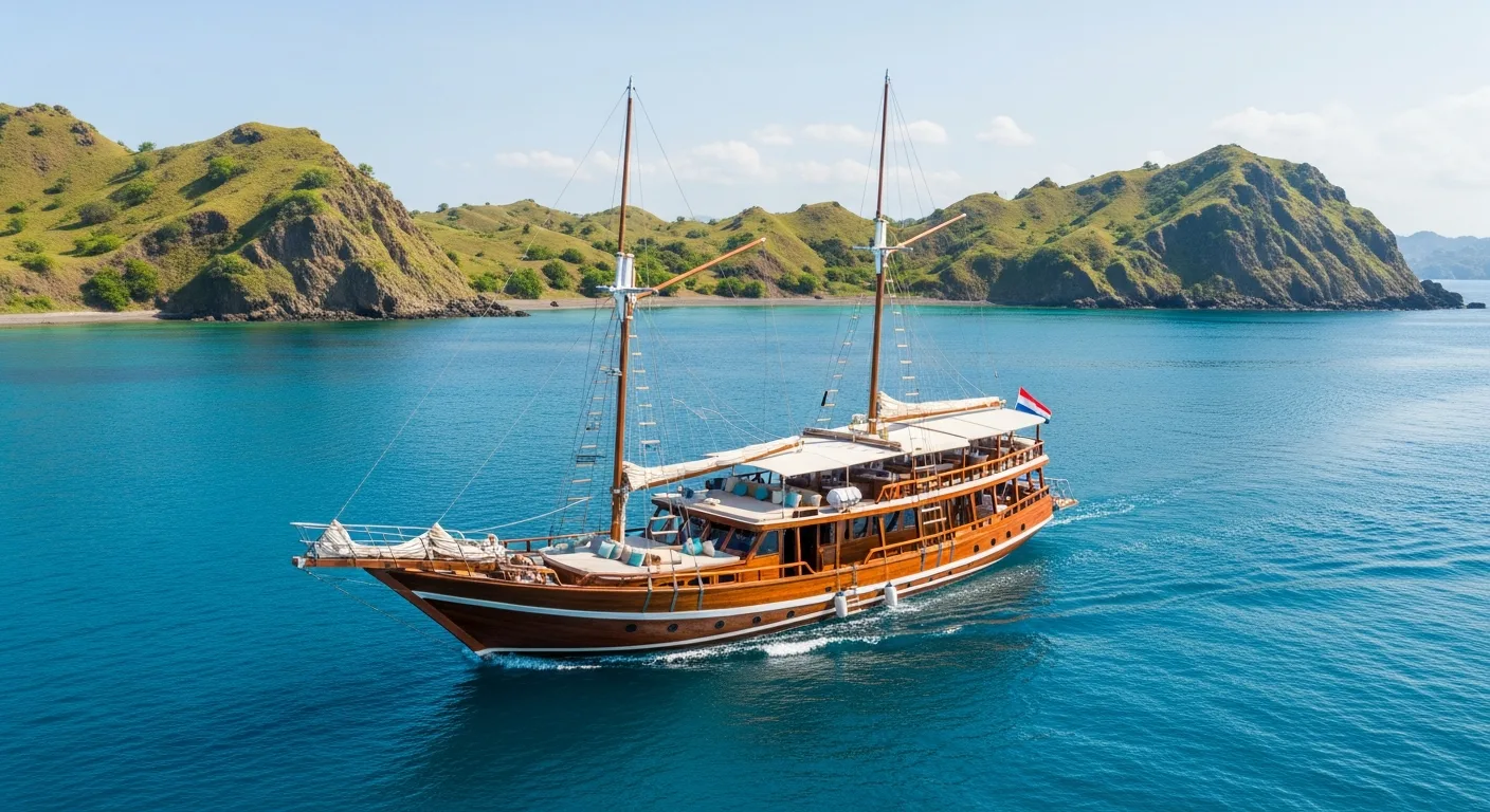 Carnaby 26-metre deluxe phinisi with guests on the sundeck in Komodo National Park
