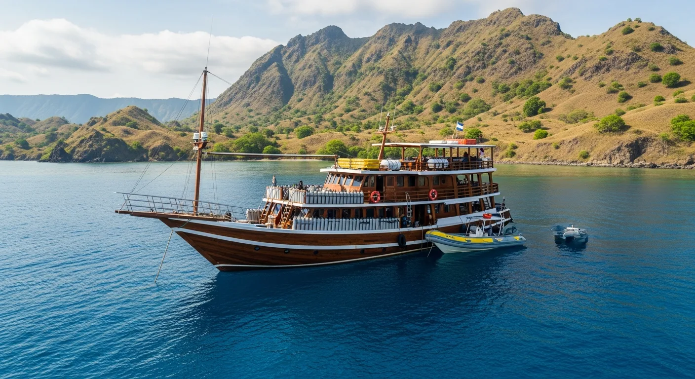 Liveaboard boat at anchor between dive sites in Komodo National Park
