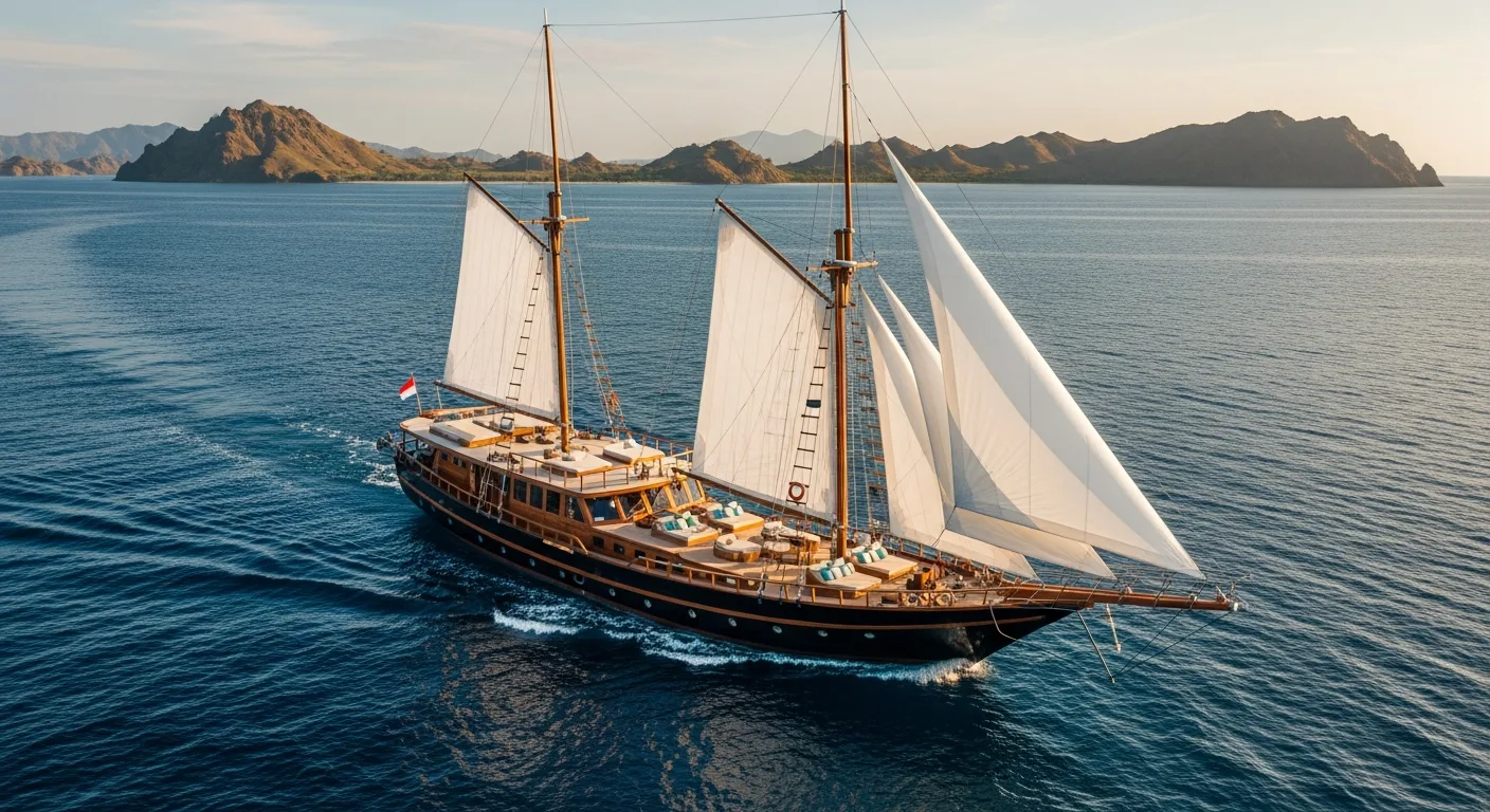 Luxury phinisi with cabin balconies catching first light in Komodo waters