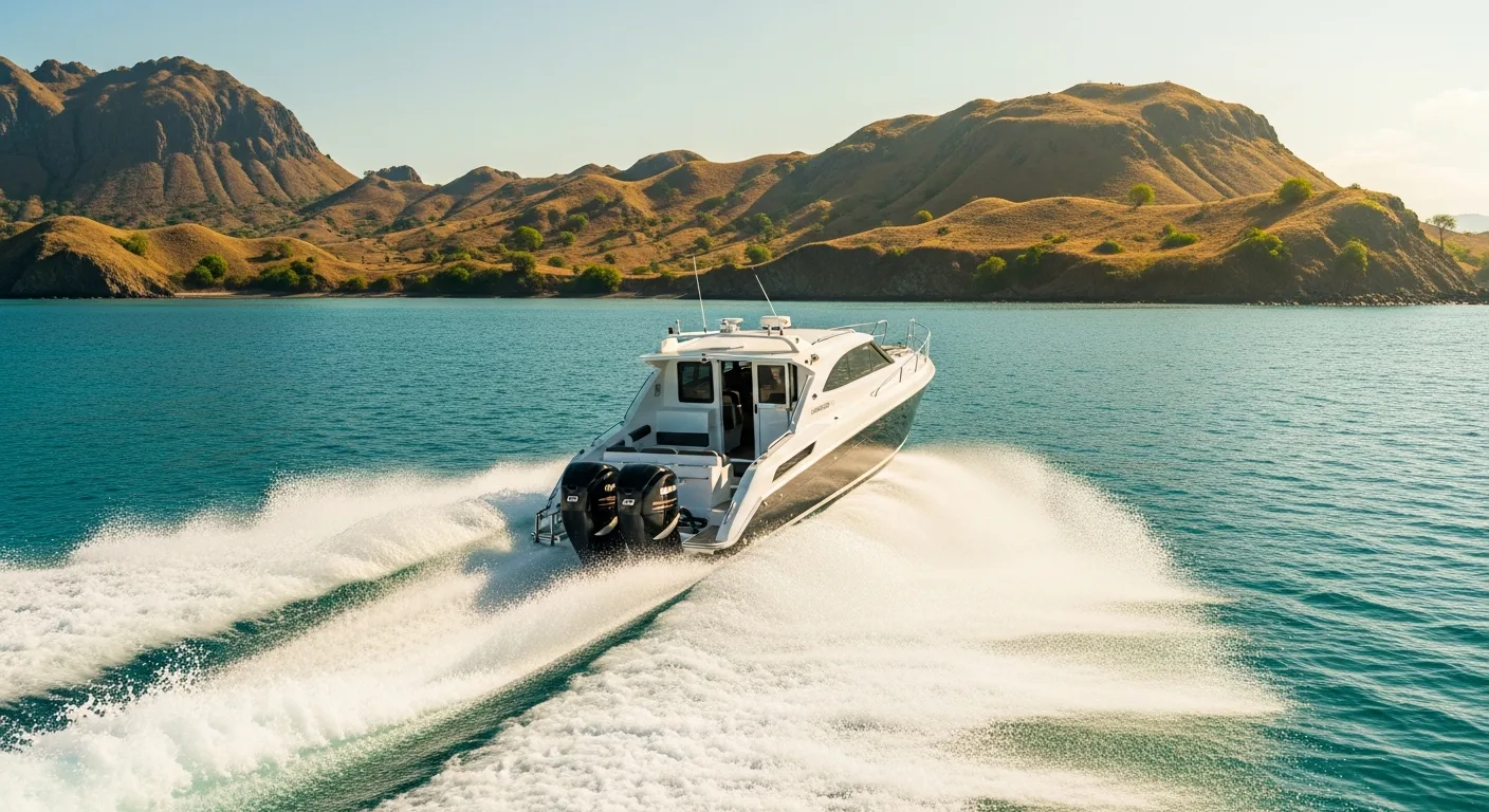 Ilario speedboat at speed on the crossing from Labuan Bajo into Komodo National Park