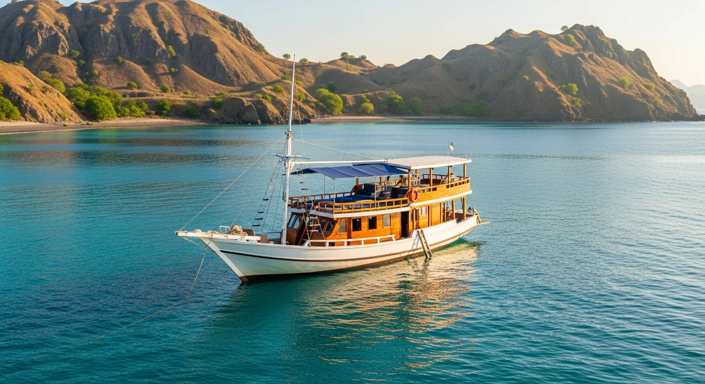 Standard phinisi liveaboard departing Labuan Bajo harbor for Komodo