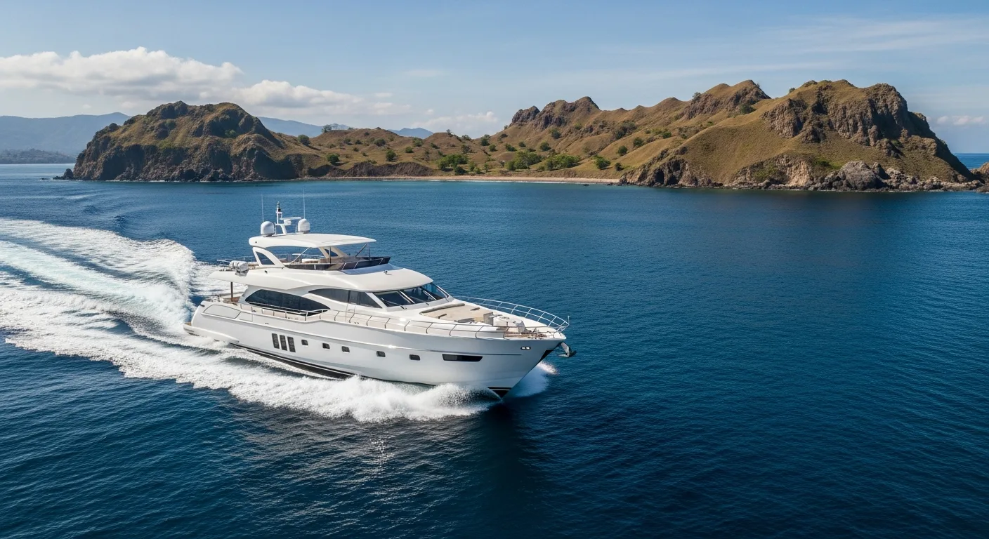 Large sailing yacht under charter in deep blue Komodo water