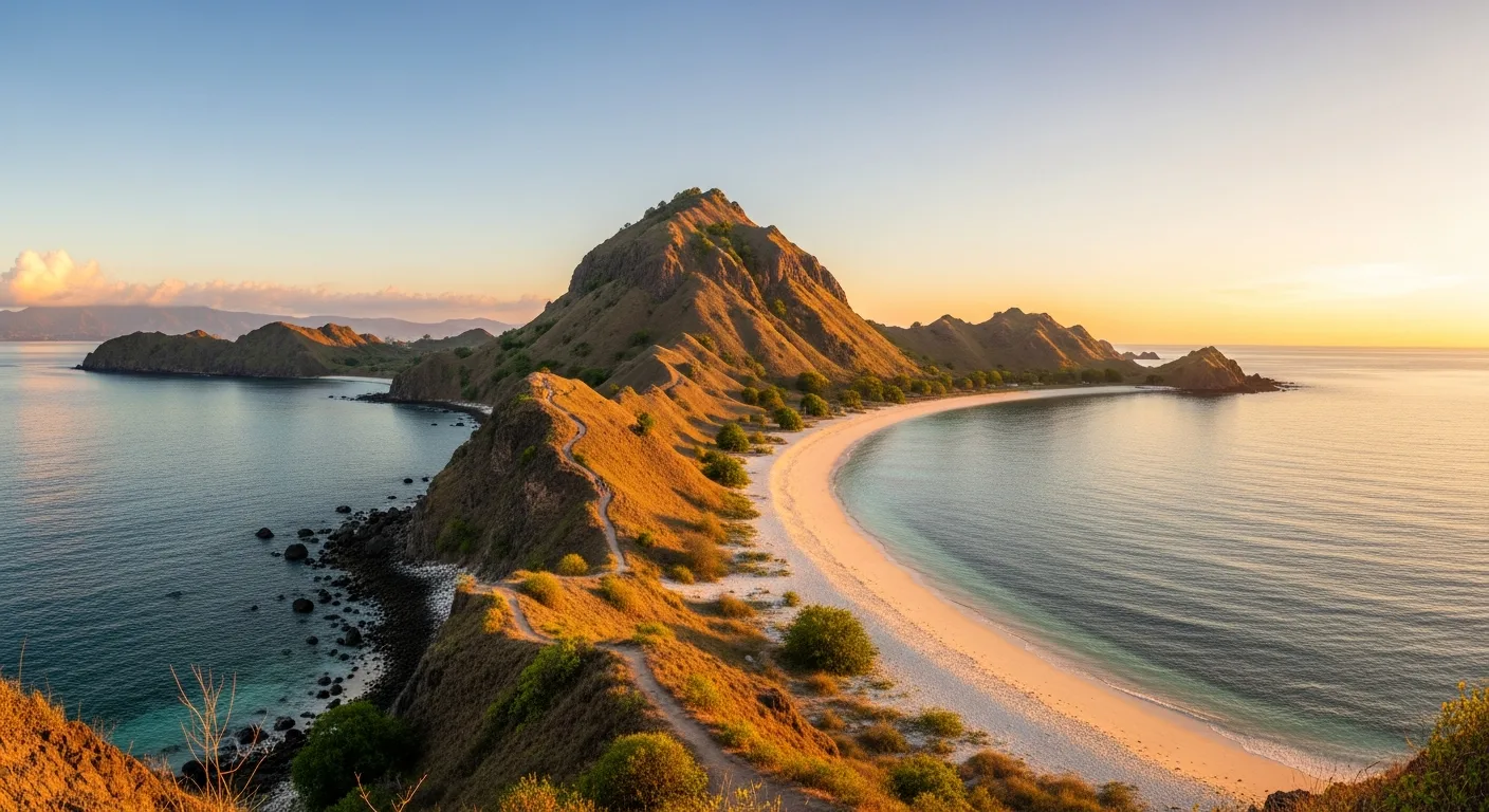 Kelor Island's ridge and beach with turquoise shallows, the first stop on a 3 islands day trip from Labuan Bajo