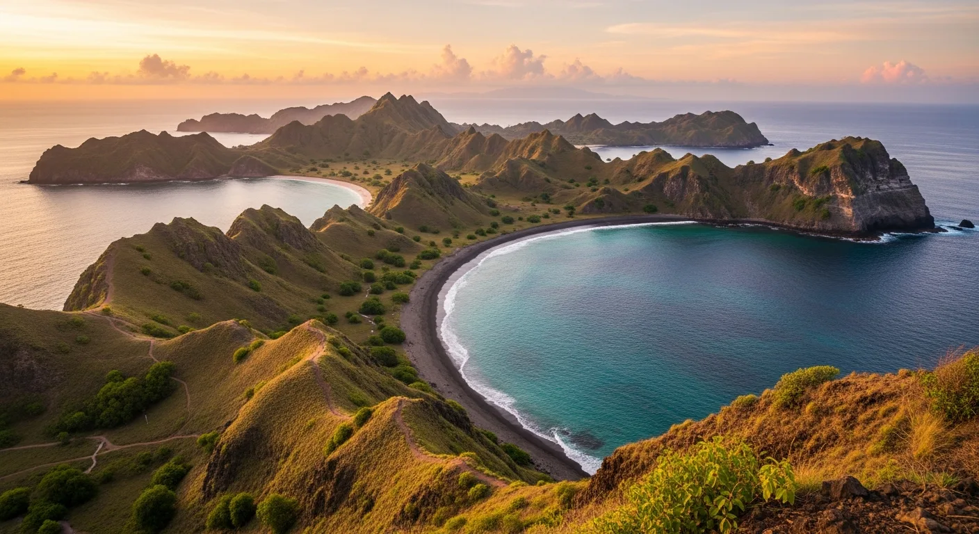 View over the three bays of Padar Island from the summit ridge