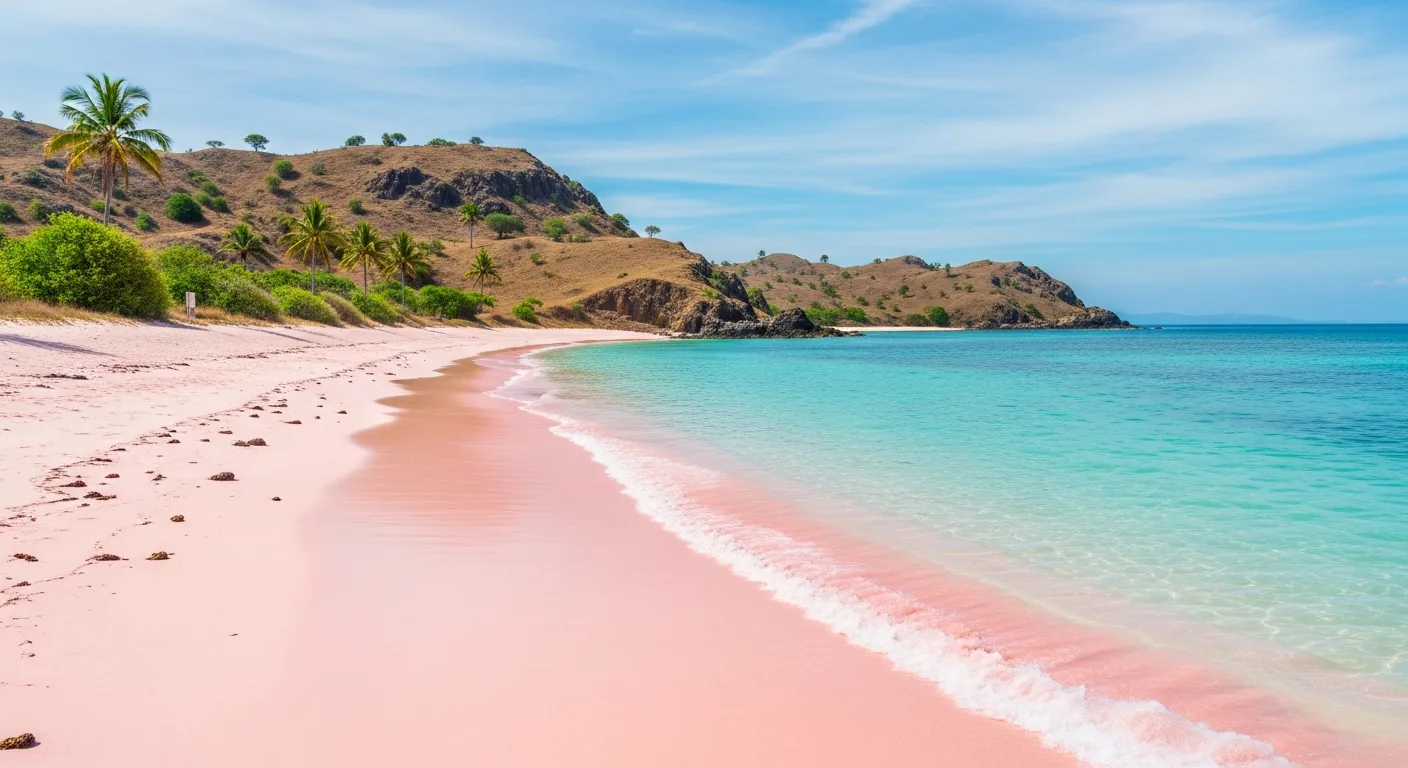 Pink sand shoreline and turquoise water at Pink Beach on Komodo Island, visited by charter boat from Labuan Bajo