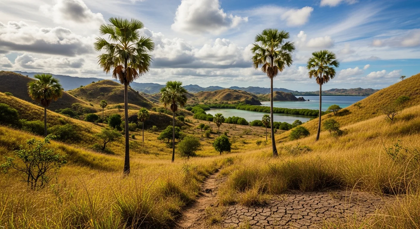 Komodo dragon walking near the elevated boardwalk at Loh Buaya on Rinca Island, reached by boat from Labuan Bajo