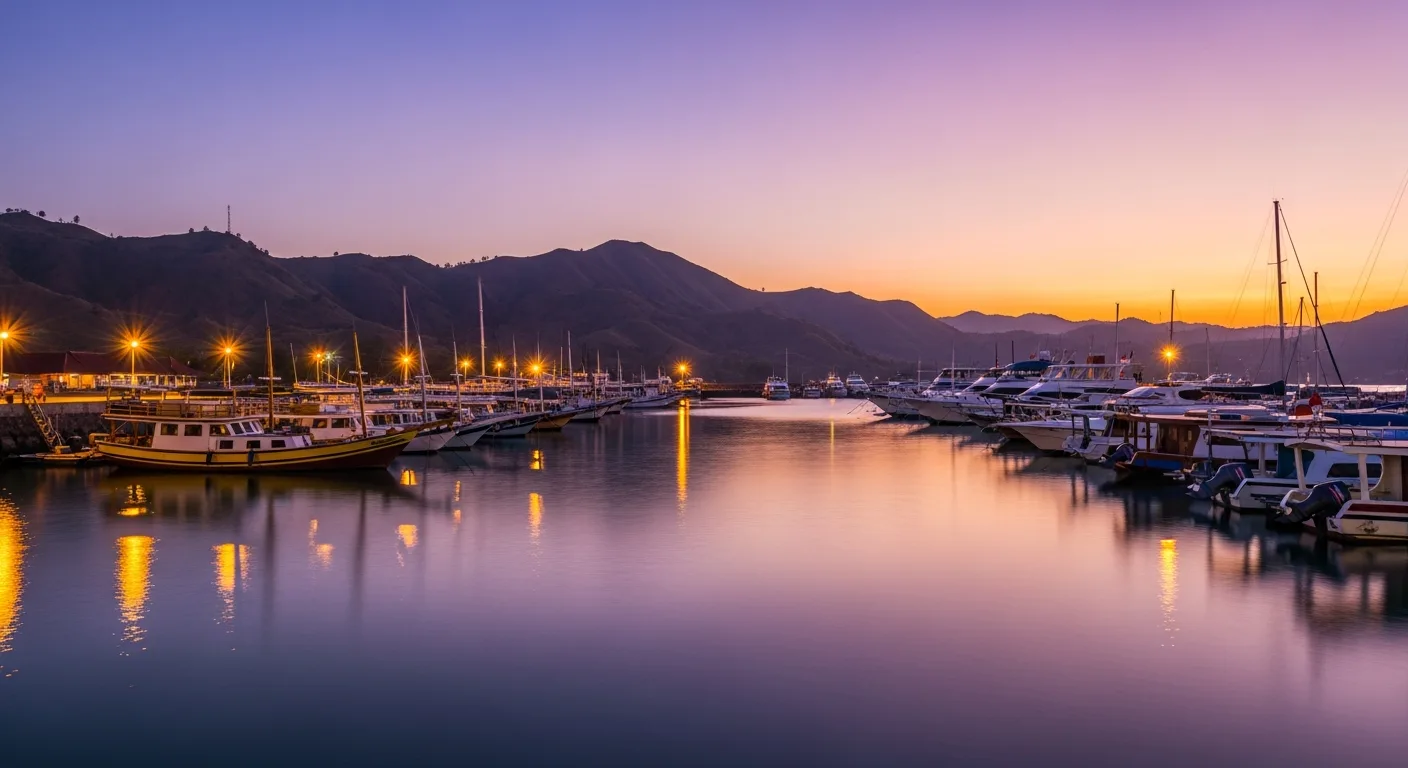 Charter phinisi and speedboats moored at Labuan Bajo harbor at dusk