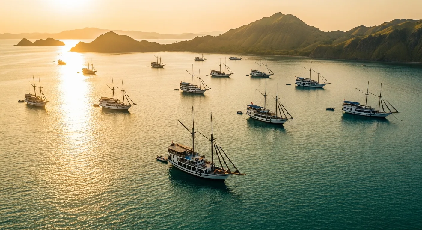 Semesta Voyage, a 32-metre luxury phinisi flagship at anchor at dusk in Komodo National Park